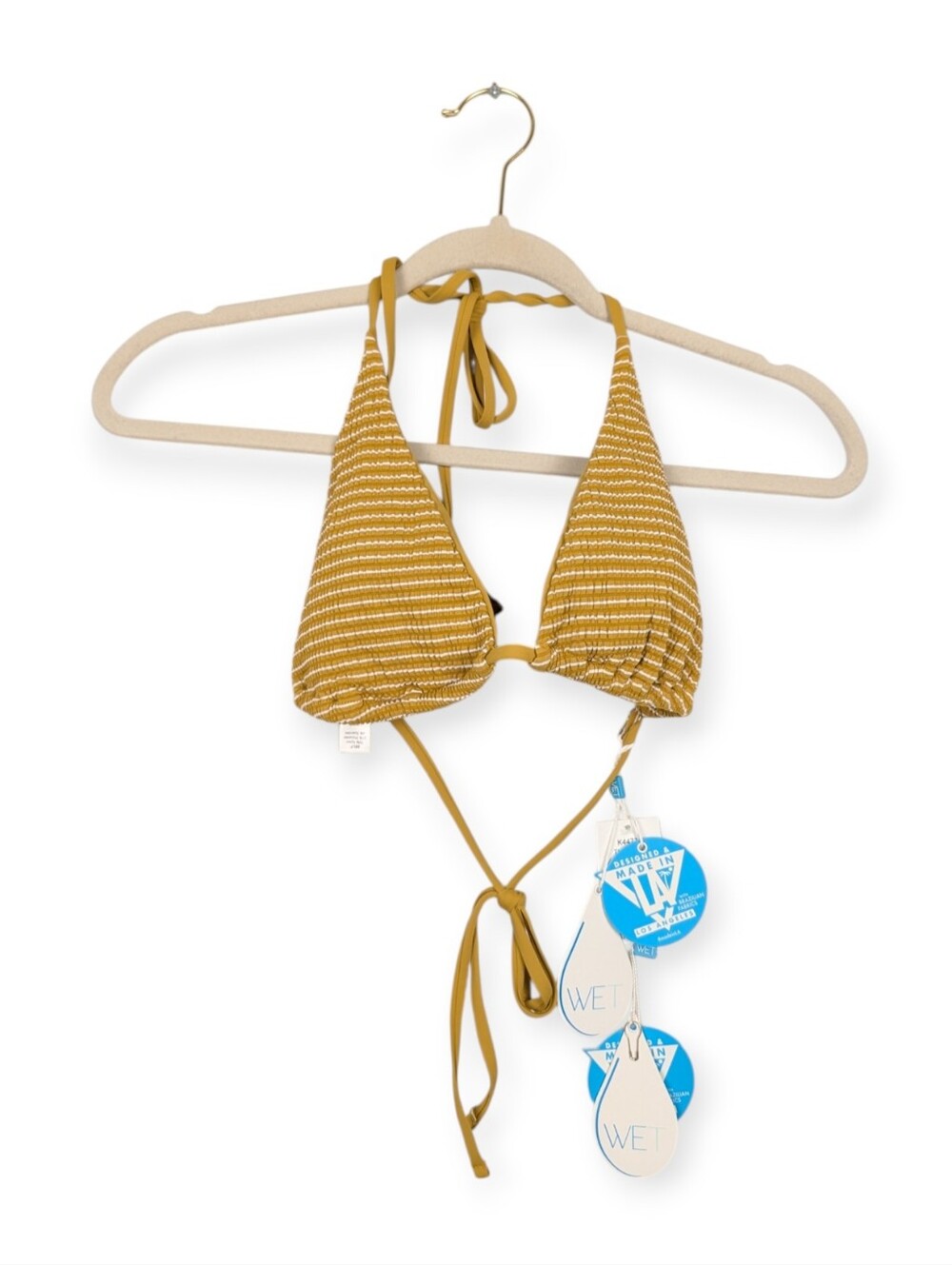 WET Swimwear Bikini Top L Turmeric Stripe Triangle Halter Swim Top NWT